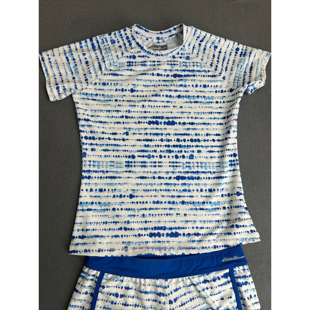 Eddie Bauer Swim Set Kids L 14/16 Blue White Tie Dye Rash Guard Shorts 2pc - Picture 7 of 12